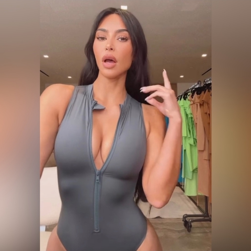 NWT SKIMS SWIM Gunmetal One Piece Zip Up With Strap!